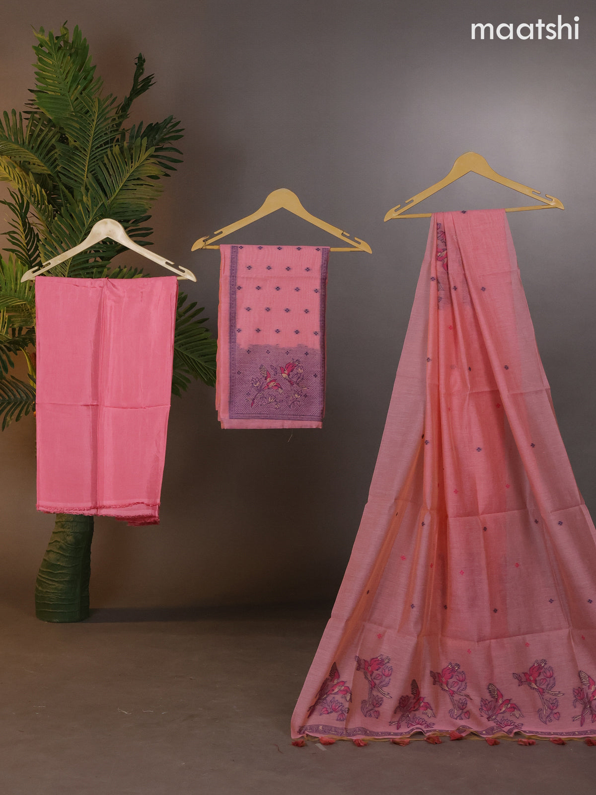Munga cotton dress material peach pink with woven buttas & simple neck pattern and bottom & thread woven dupatta