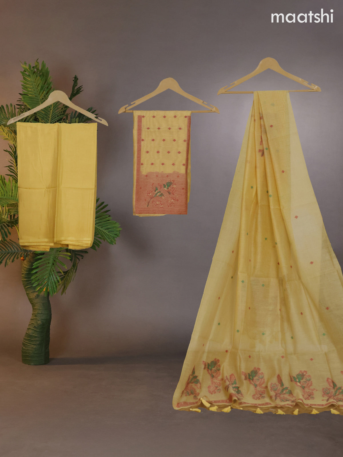 Munga cotton dress material yellow shade with woven buttas & simple neck pattern and bottom & thread woven dupatta