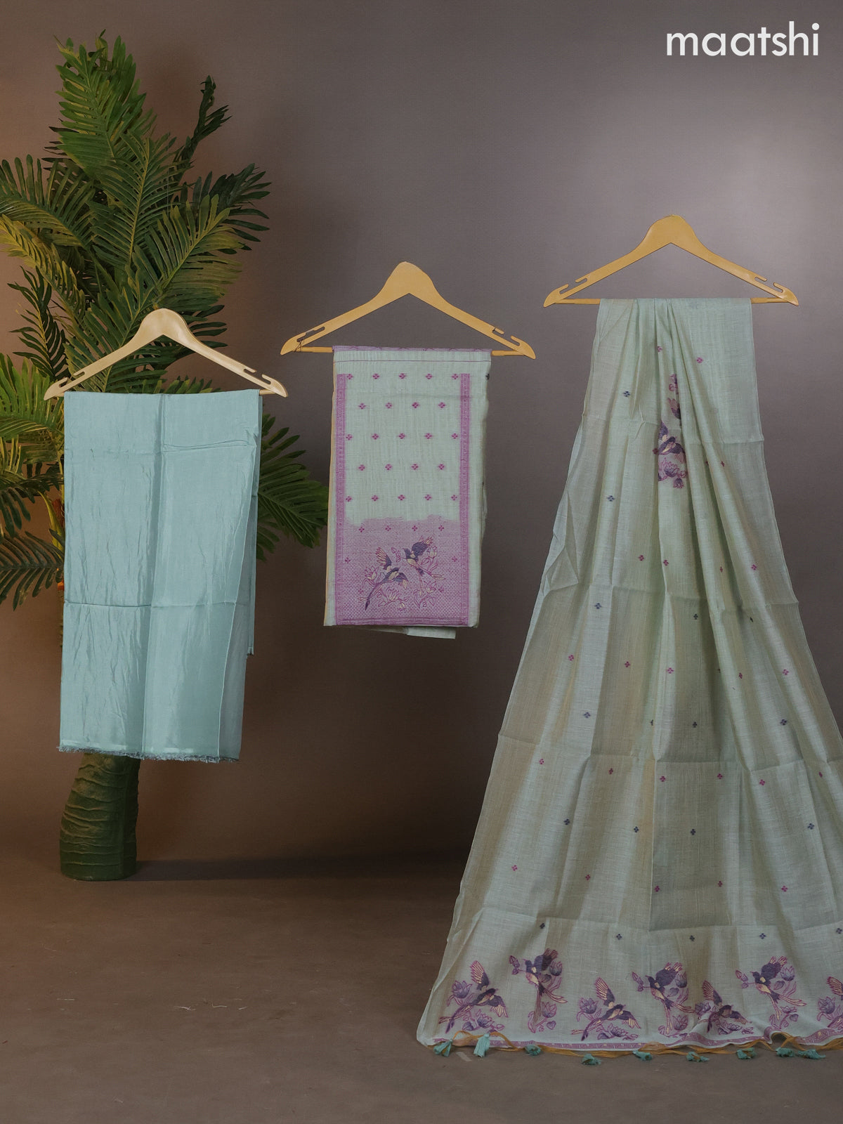 Munga cotton dress material pastel blue with woven buttas & simple neck pattern and bottom & thread woven dupatta