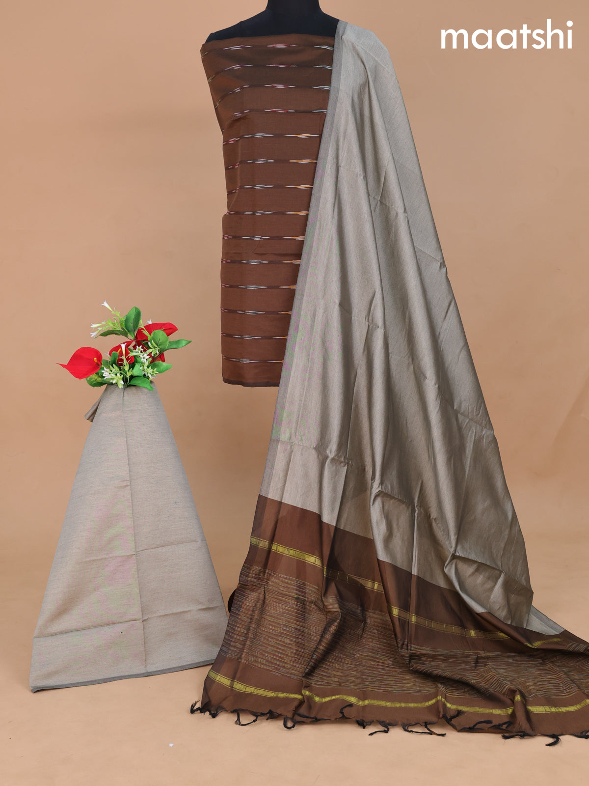 Ikat dress material dark brown and grey shade with allover ikat weaves and bottom & dupatta