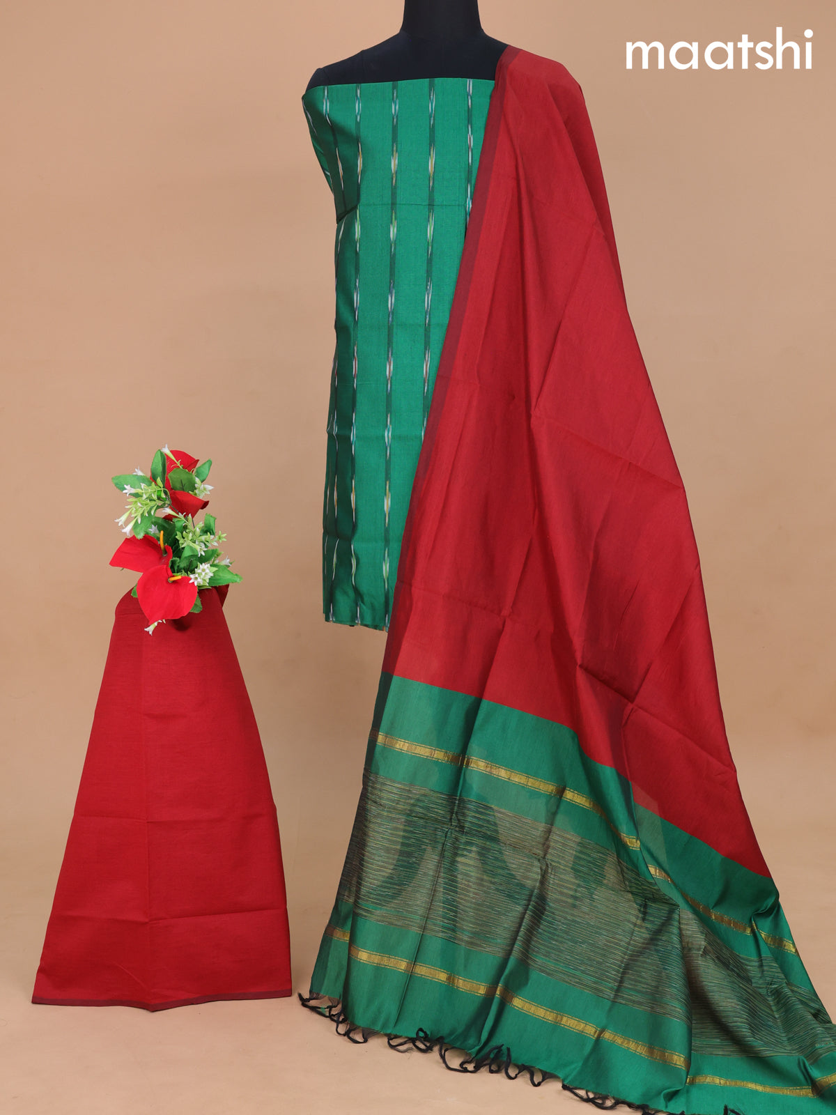 Ikat dress material green and maroon with allover ikat weaves and bottom & dupatta