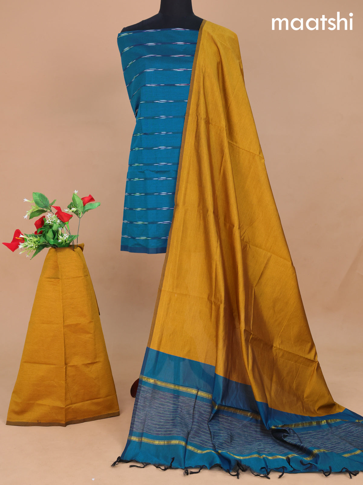 Ikat dress material peacock blue and mustard yellow with allover ikat weaves and bottom & dupatta