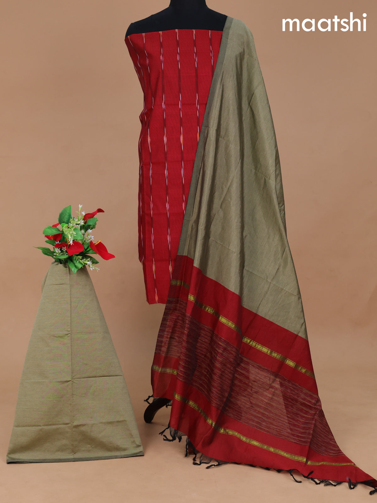 Ikat dress material maroon and elaichi green with allover ikat weaves and bottom & dupatta