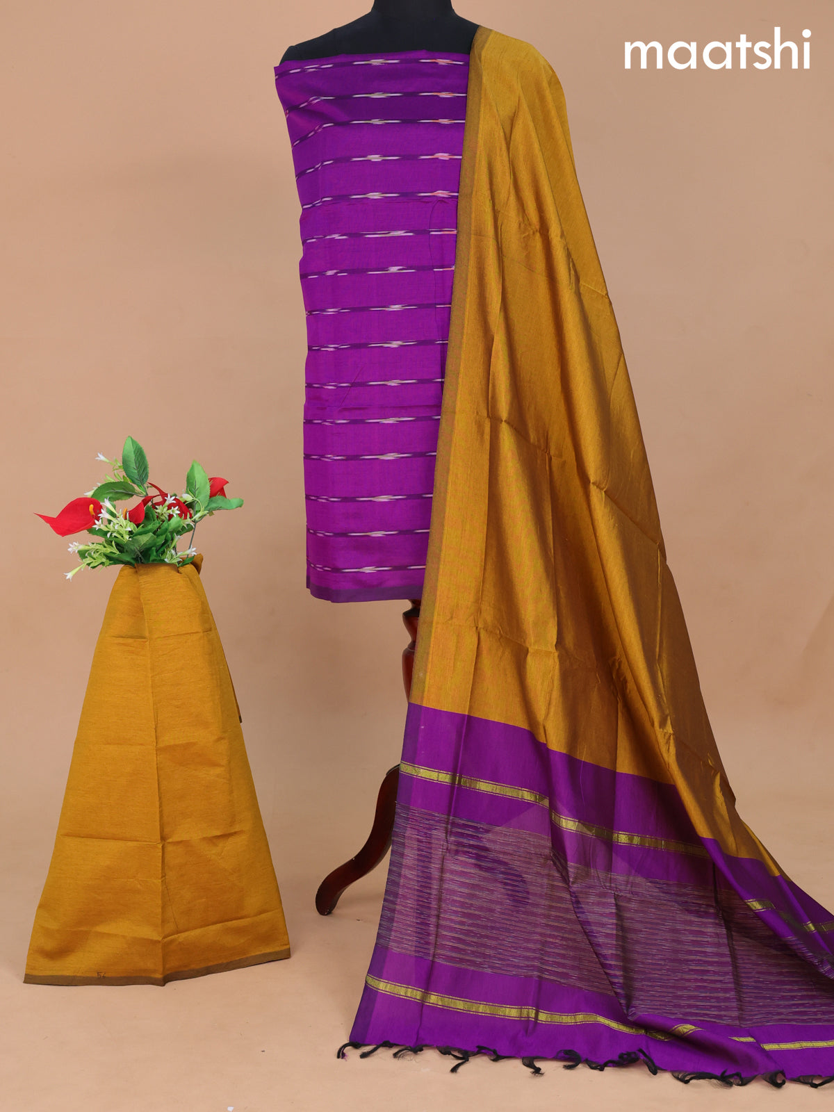 Ikat dress material purple and mustard yellow with allover ikat weaves and bottom & dupatta
