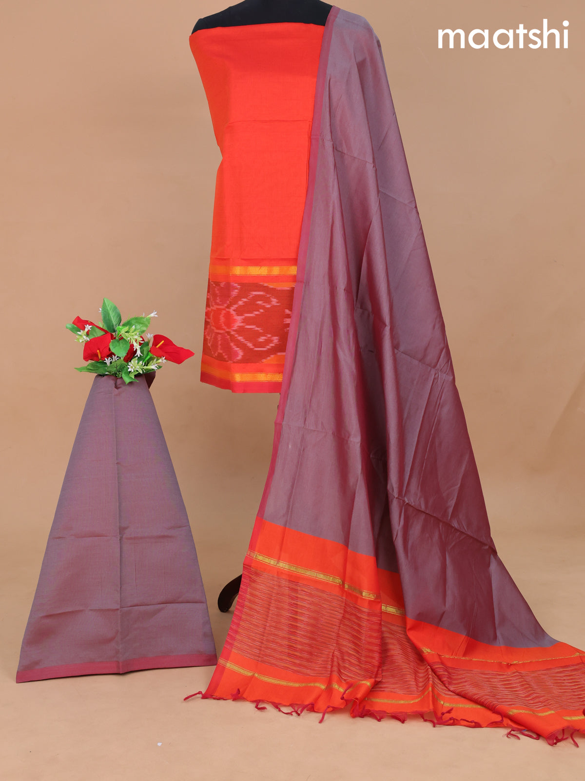 Ikat dress material orange and dual shade of grey with plain body ikat weaves and bottom & dupatta