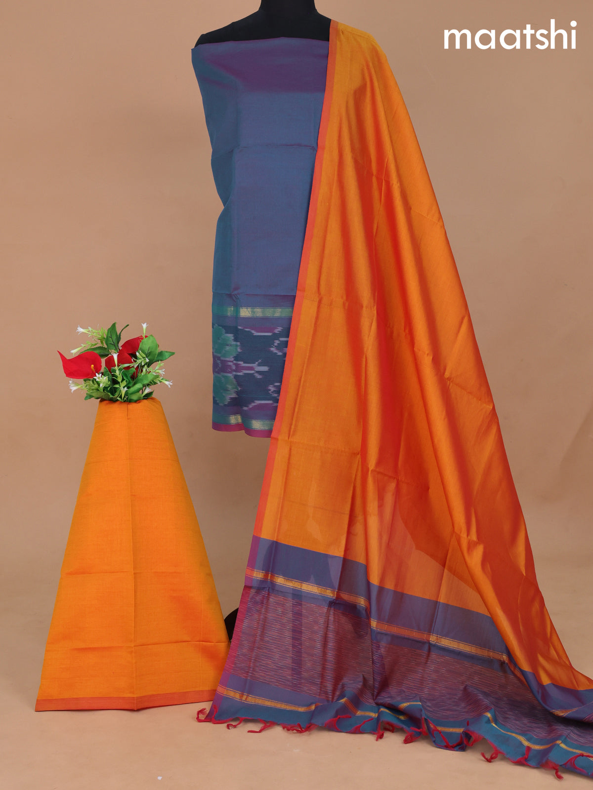 Ikat dress material dual shade of blue and mango yellow with plain body ikat weaves and bottom & dupatta