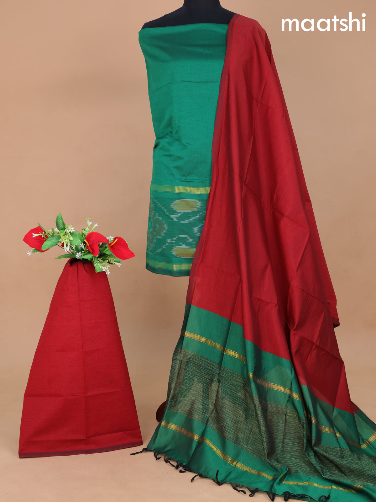 Ikat dress material green and maroon with plain body ikat weaves and bottom & dupatta