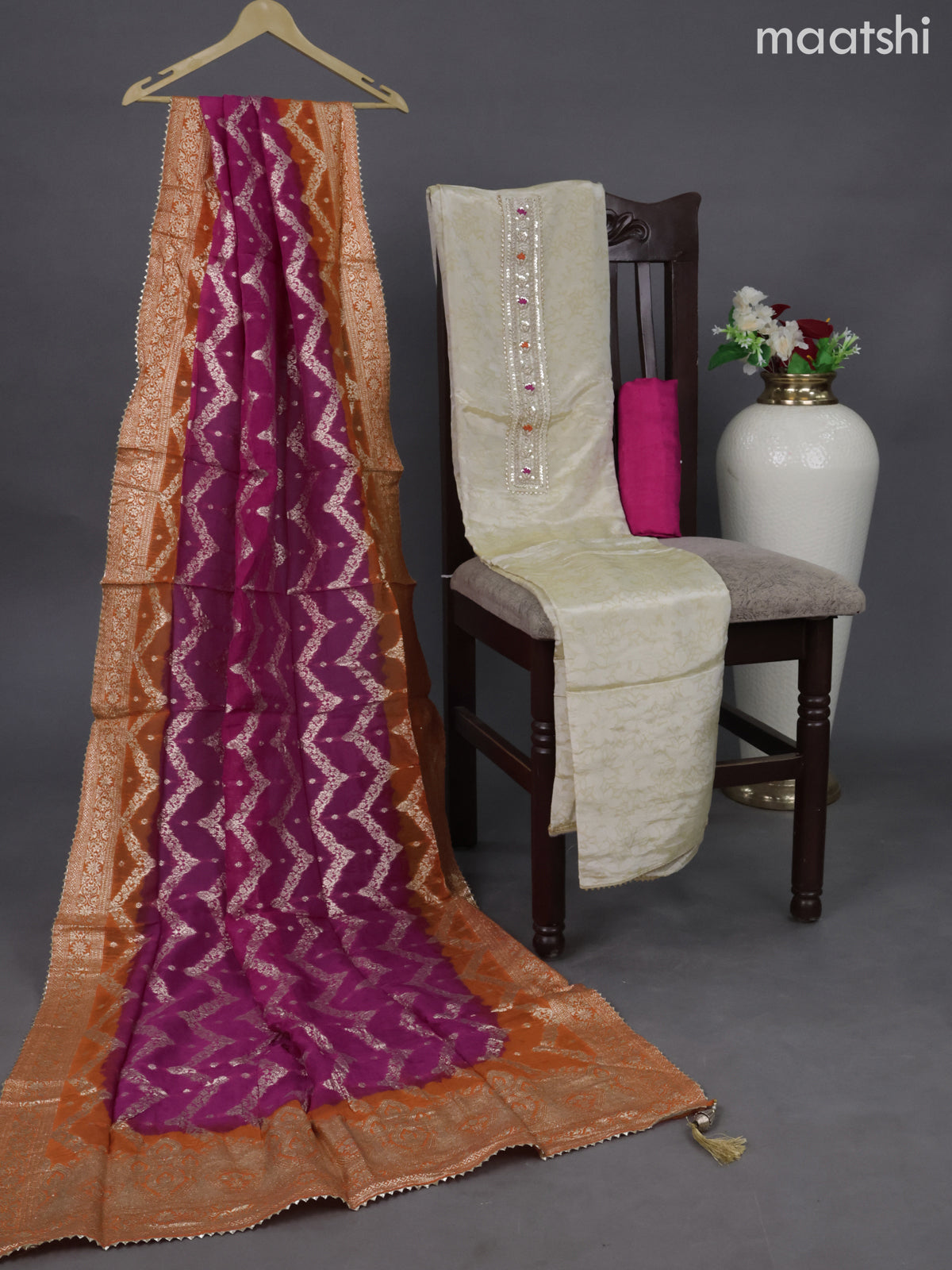Tissue silk dress material cream and pink orange with embroidery & zardosi work neck pattern and bottom & banarasi style dupatta