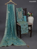 Tissue silk dress material teal shade with embroidery & zardosi work neck pattern and bottom & banarasi style dupatta