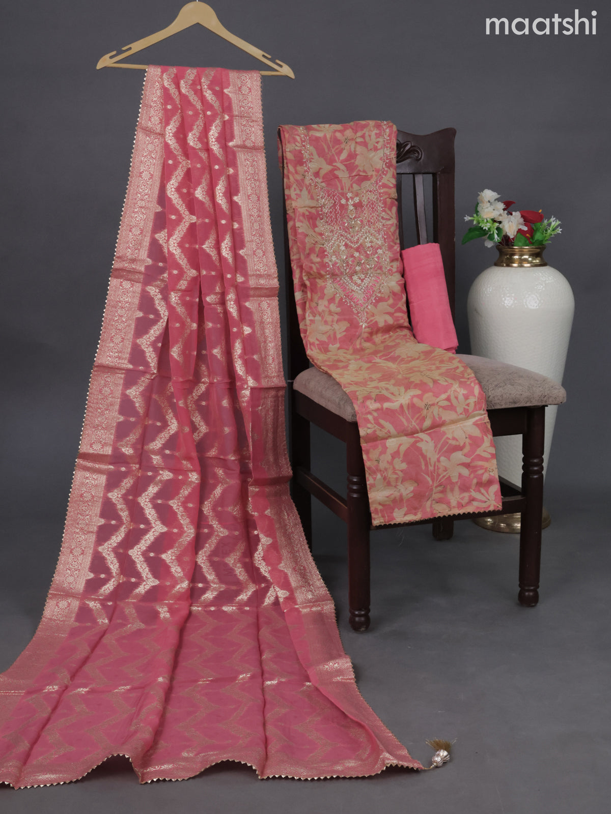 Tissue silk dress material peach pink with embroidery & zardosi work neck pattern and bottom & banarasi style dupatta