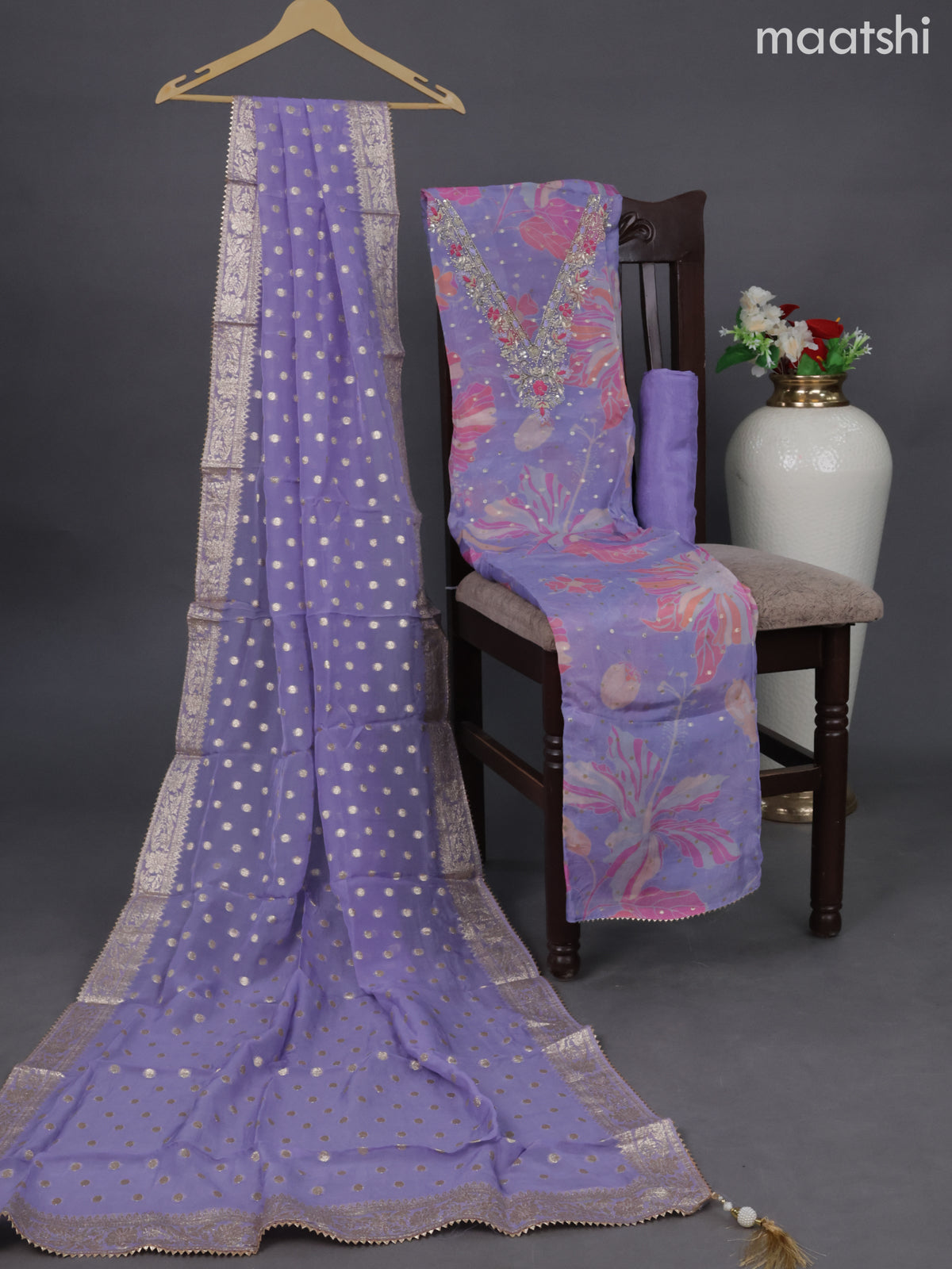 Organza dress material lavender shade and multi colour with embroidery & zardosi work neck pattern and bottom & chiffon dupatta