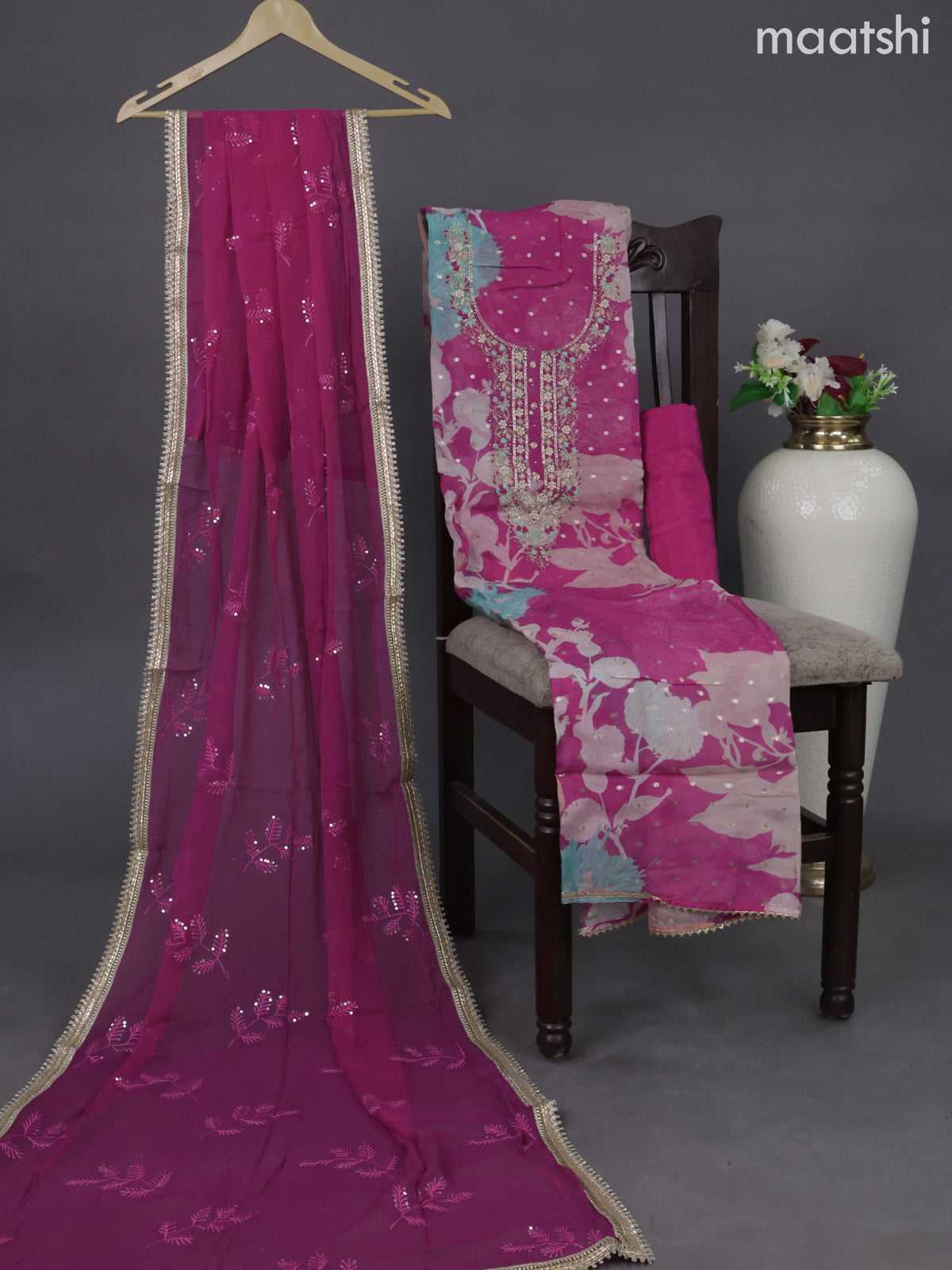 Organza dress material pink and multi colour with embroidery & zardosi work neck pattern and bottom & chiffon dupatta