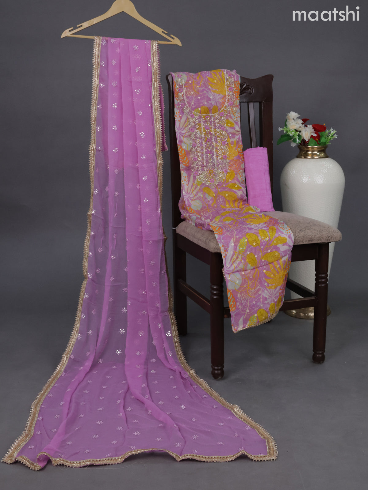Organza dress material lotus pink and multi colour with embroidery & zardosi work neck pattern and bottom & chiffon dupatta