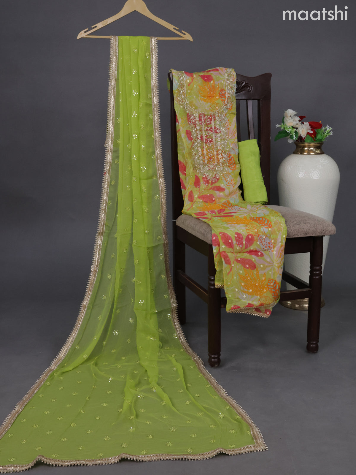 Organza dress material lime green and multi colour with embroidery & zardosi work neck pattern and bottom & chiffon dupatta