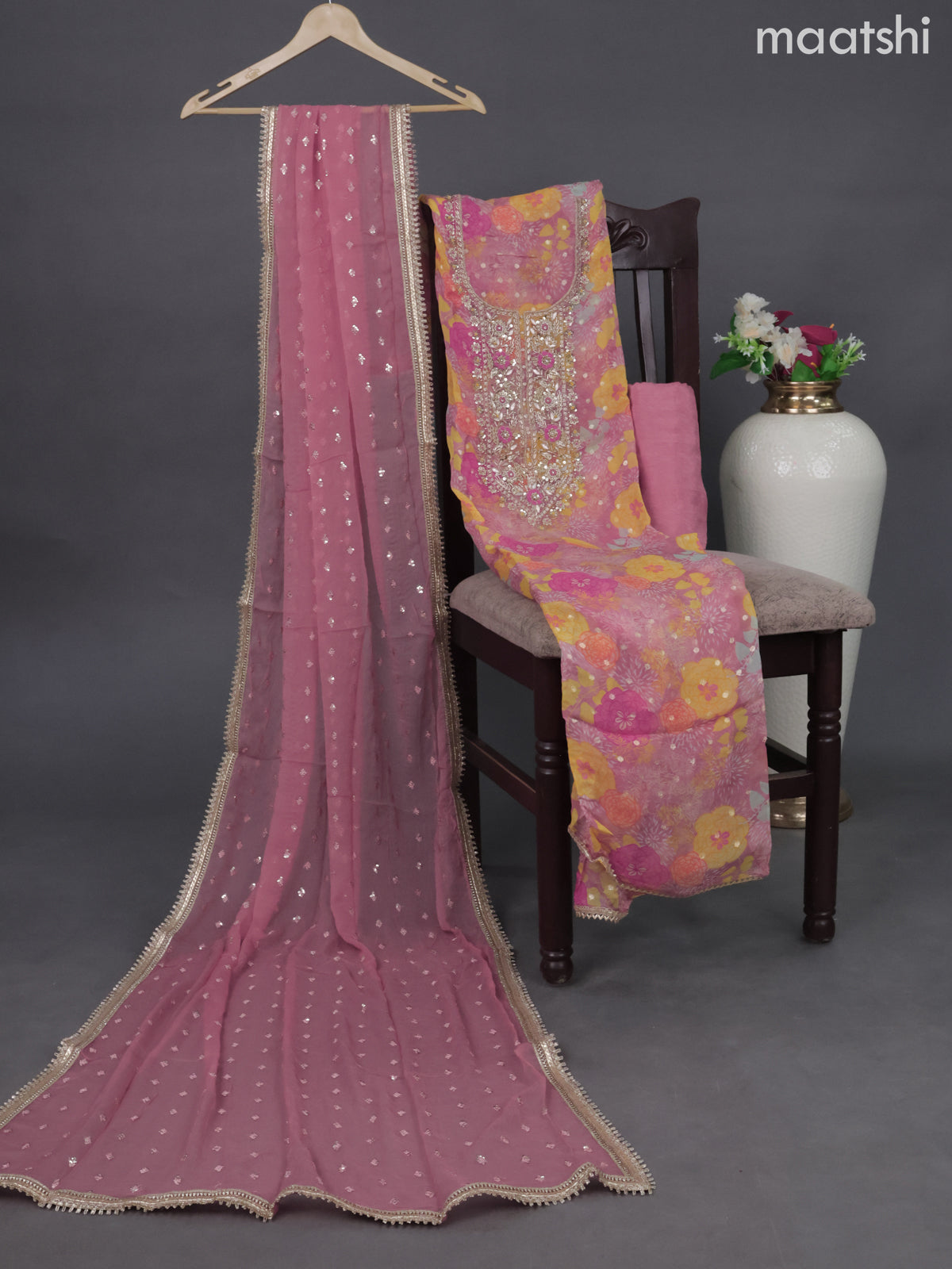 Organza dress material peach shade and multi colour with embroidery & zardosi work neck pattern and bottom & chiffon dupatta