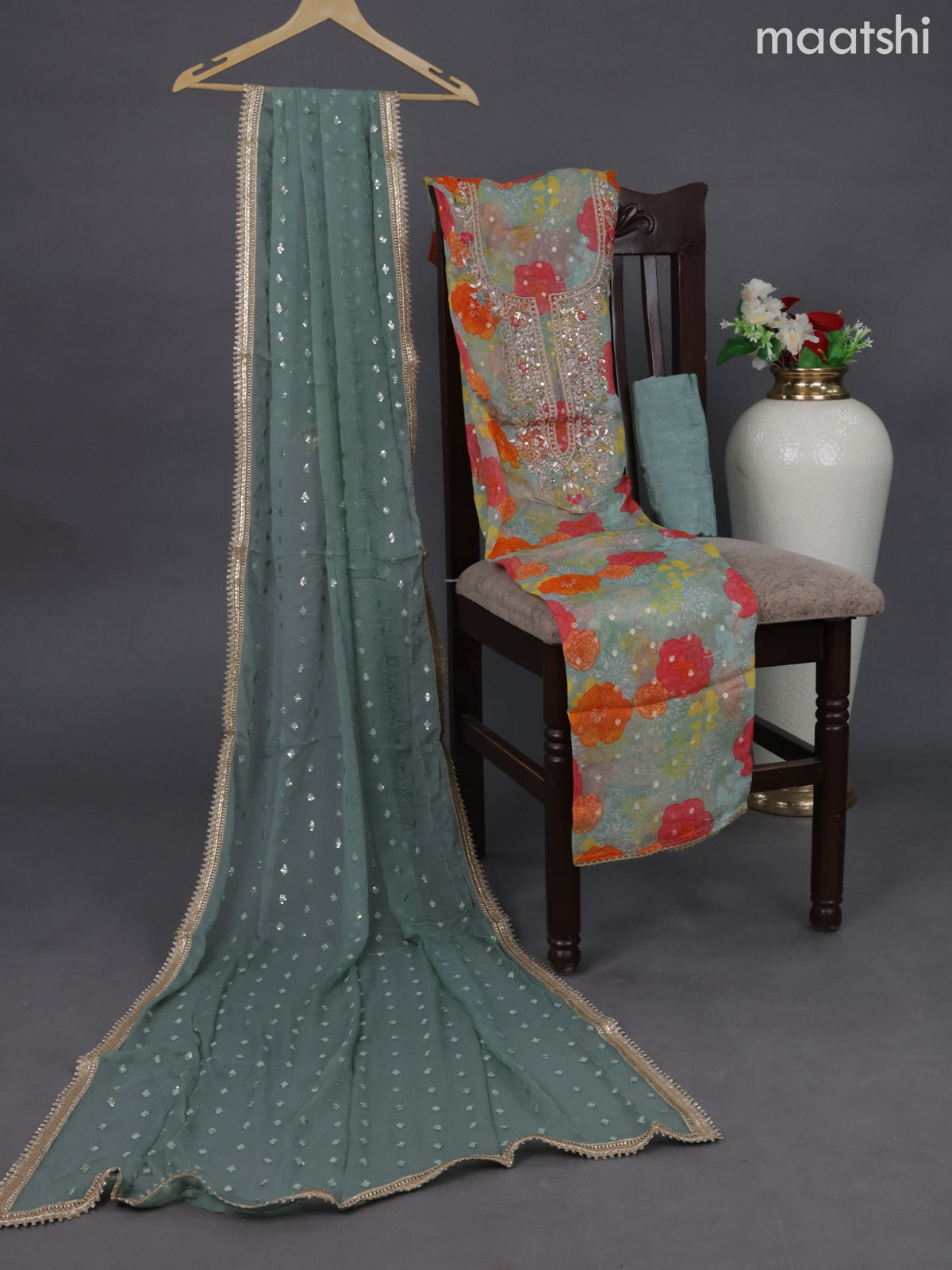 Organza dress material pastel green shade and multi colour with embroidery & zardosi work neck pattern and bottom & chiffon dupatta