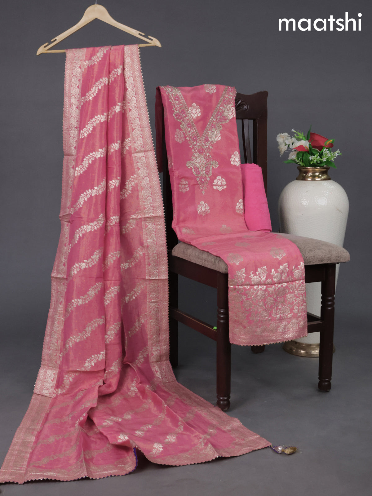 Tissue silk dress material peach pink with embroidery & zardosi work neck pattern and bottom & banarasi style dupatta