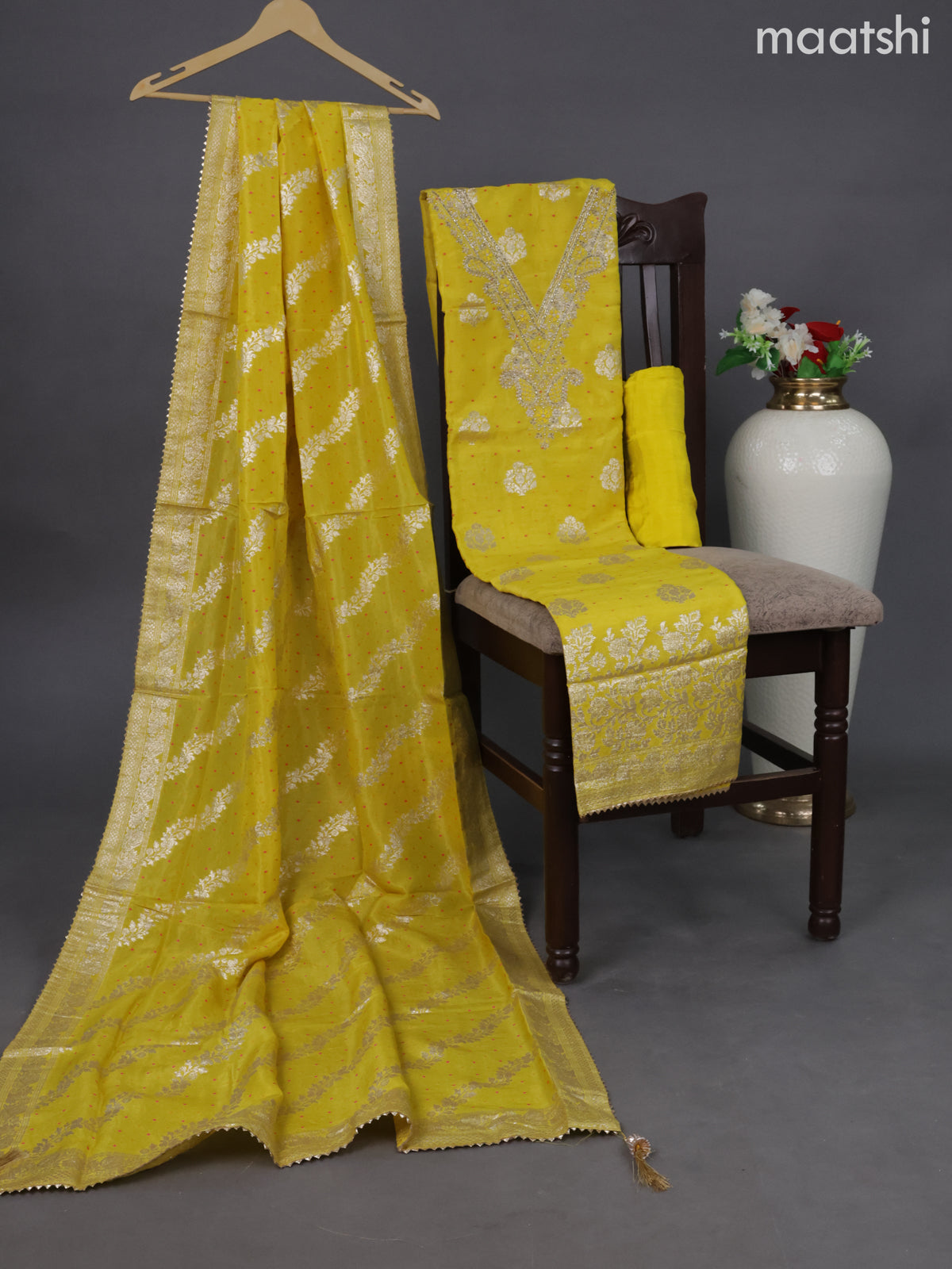 Tissue silk dress material lime yellow with embroidery & zardosi work neck pattern and bottom & banarasi style dupatta