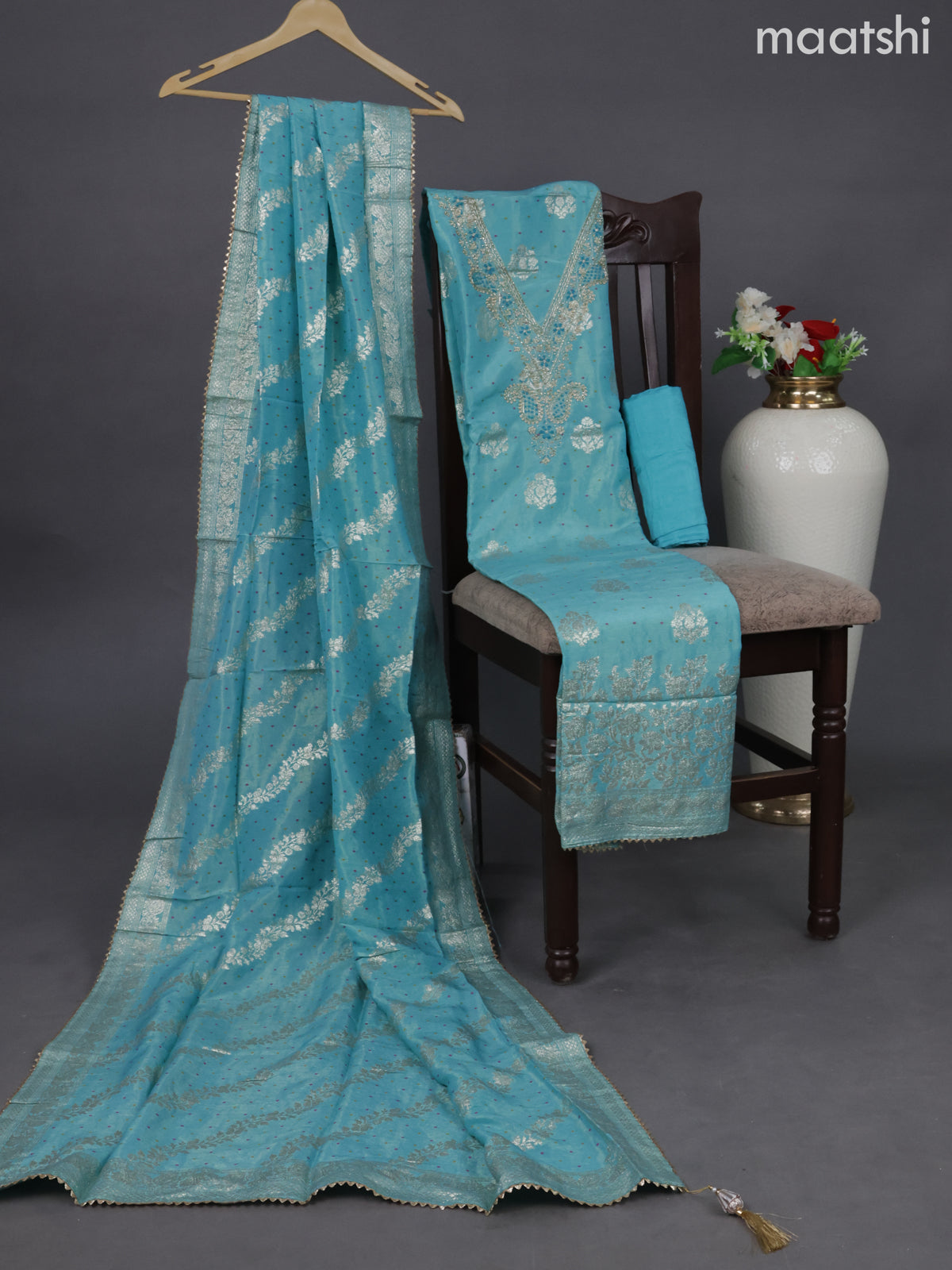 Tissue silk dress material teal blue with embroidery & zardosi work neck pattern and bottom & banarasi style dupatta