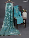 Tissue silk dress material teal blue with embroidery & zardosi work neck pattern and bottom & banarasi style dupatta