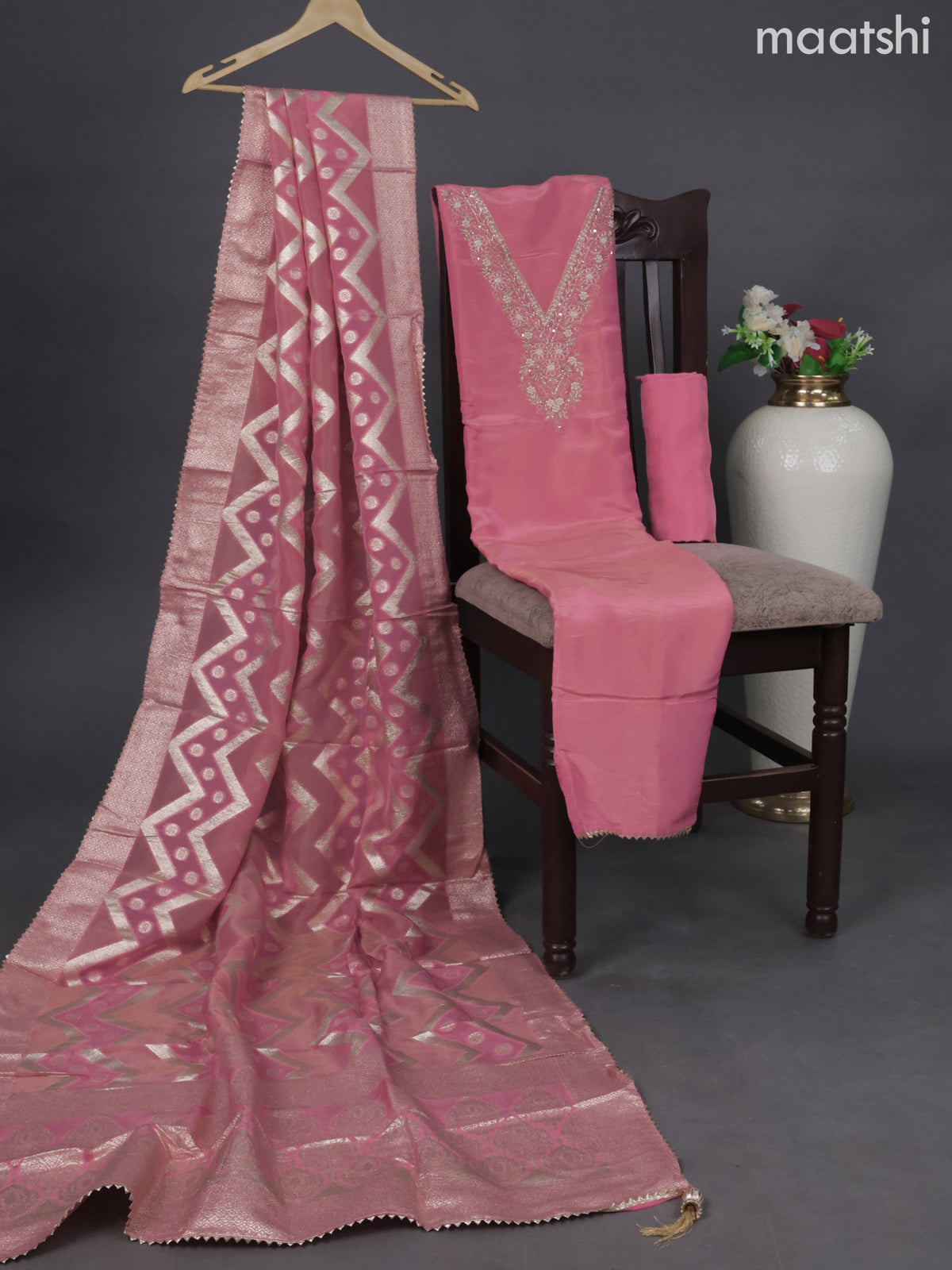 Tissue silk dress material peach pink with embroidery & zardosi work neck pattern and bottom & banarasi style dupatta