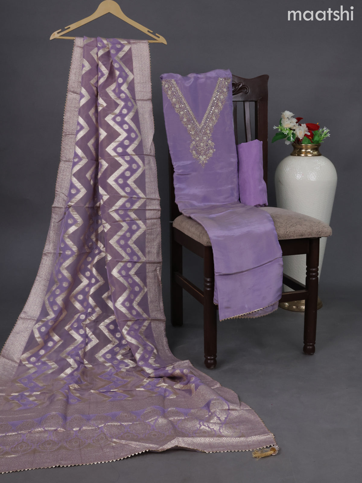 Tissue silk dress material lavender shade with embroidery & zardosi work neck pattern and bottom & banarasi style dupatta