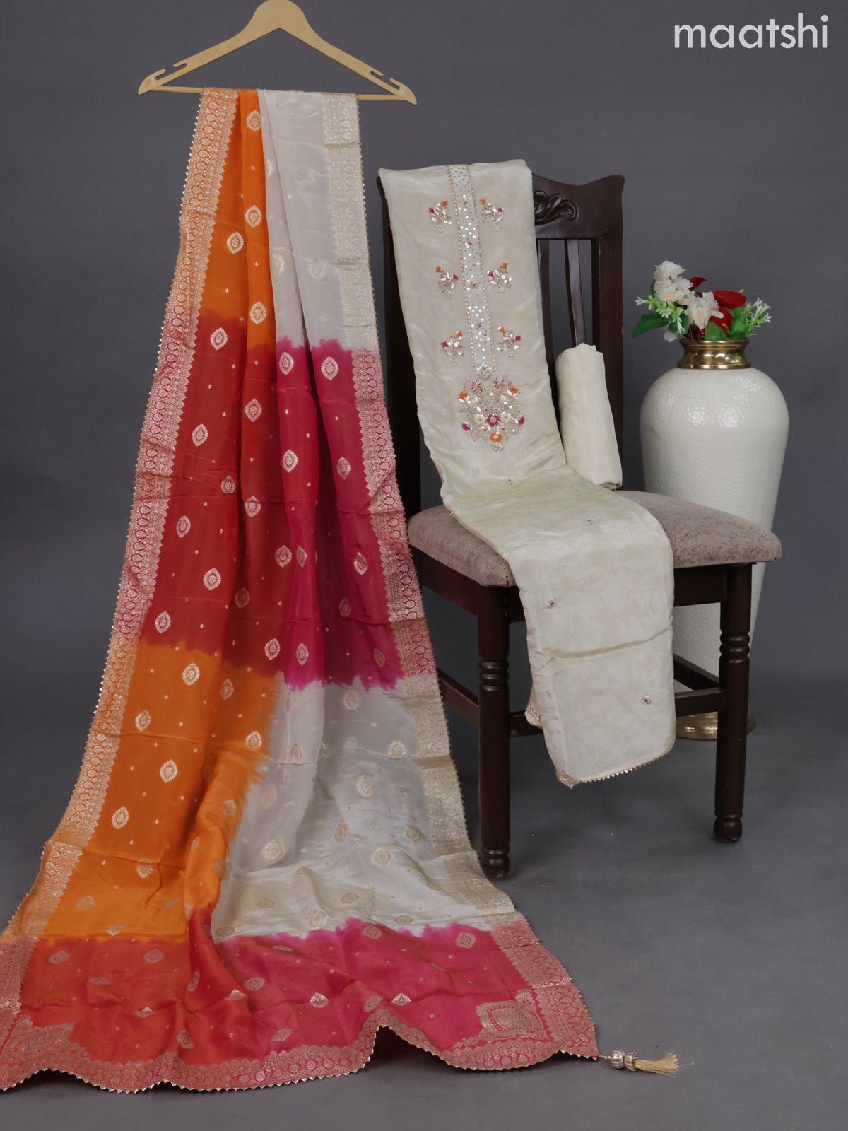 Tissue silk dress material cream and pink with embroidery & zardosi work neck pattern and bottom & banarasi style dupatta