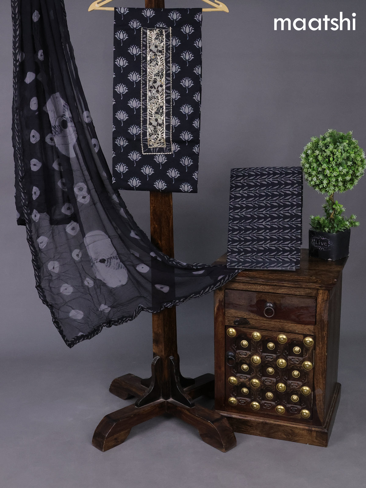 Cotton dress material black with allover lotus butta prints & embroidery zardosi work neck pattern and bottom & chiffon dupatta