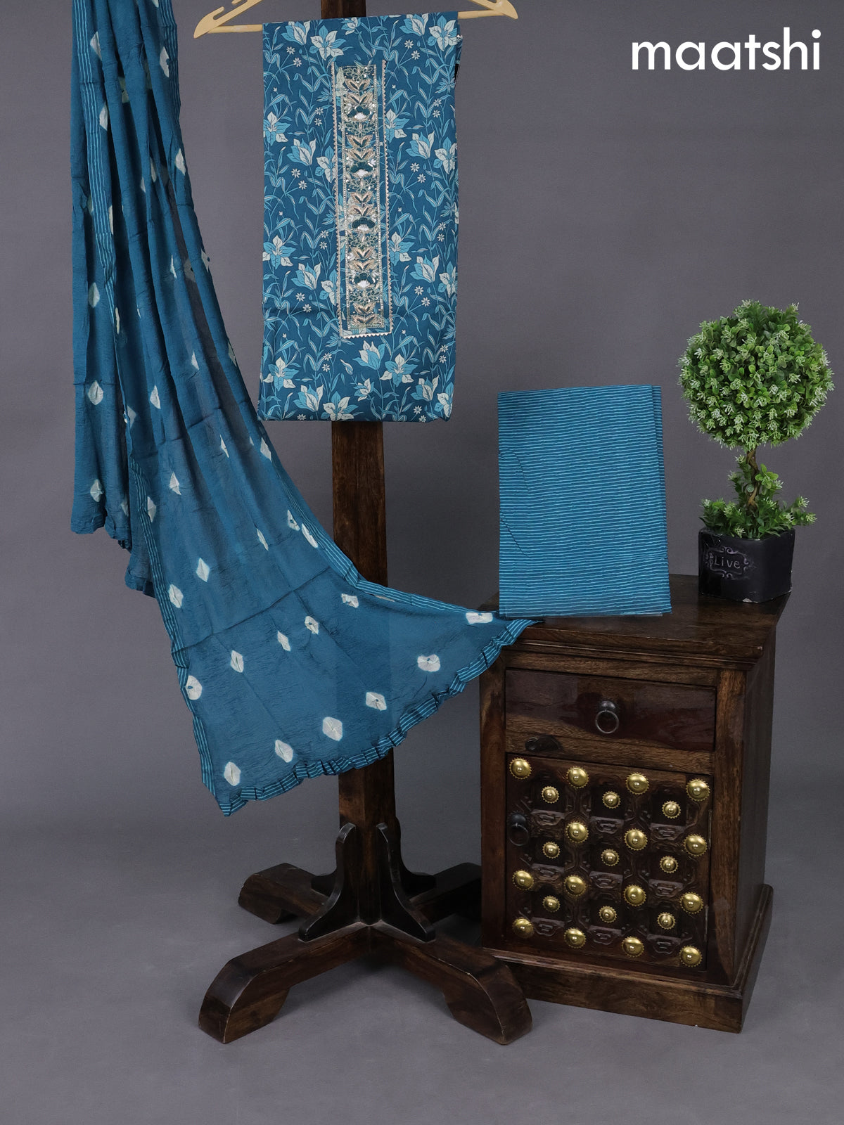 Cotton dress material peacock blue with allover floral prints & embroidery zardosi work neck pattern and bottom & chiffon dupatta