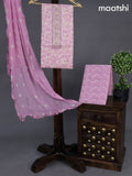 Cotton dress material pastel pink shade with allover floral prints & embroidery zardosi work neck pattern and bottom & chiffon dupatta
