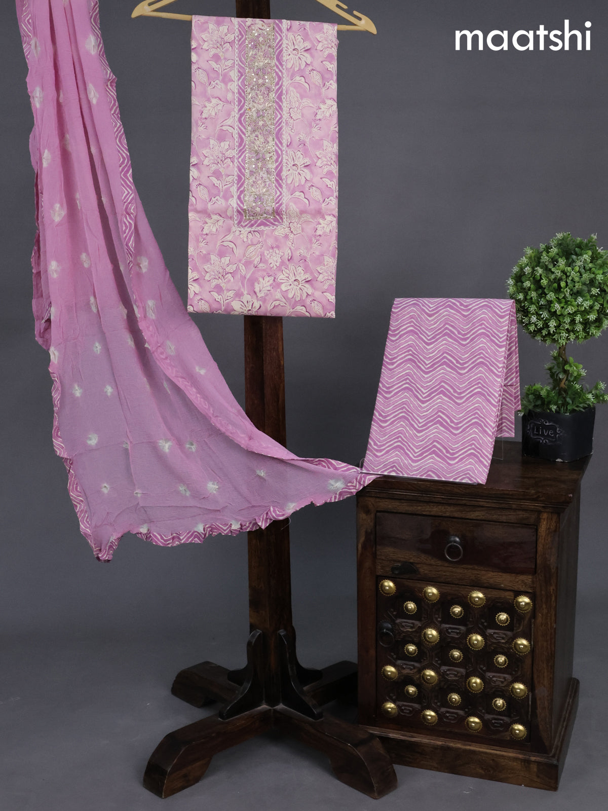 Cotton dress material pastel pink shade with allover floral prints & embroidery zardosi work neck pattern and bottom & chiffon dupatta