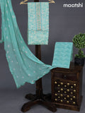 Cotton dress material teal shade with allover floral prints & embroidery zardosi work neck pattern and bottom & chiffon dupatta