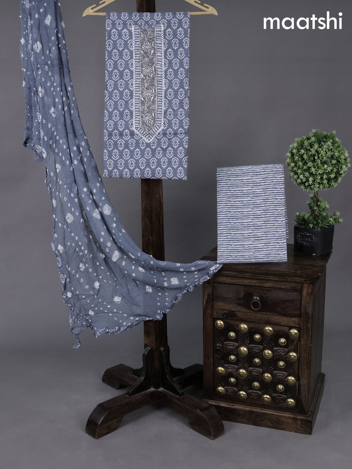 Cotton dress material grey and off white with allover butta prints & embroidery zardosi work neck pattern and bottom & chiffon dupatta