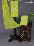 Cotton dress material fluorescent green with allover dabu prints & embroidery zardosi work neck pattern and bottom & chiffon dupatta