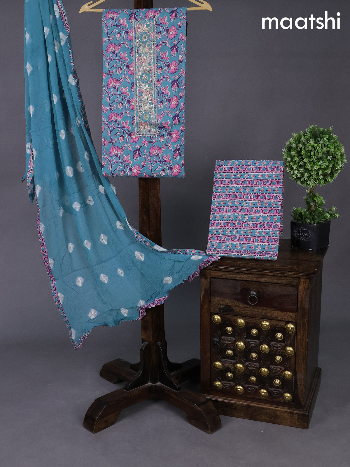 Cotton dress material blue shade and pink with allover floral prints & embroidery zardosi work neck pattern and bottom & chiffon dupatta