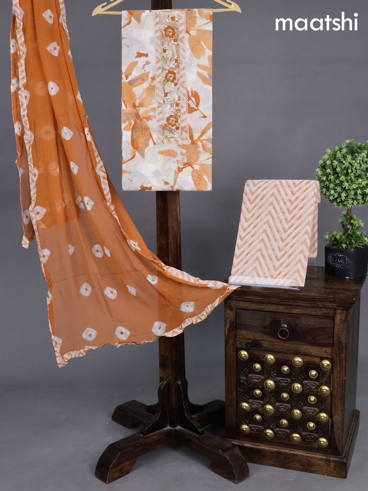 Cotton dress material cream and rust shade with allover prints & embroidery zardosi work neck pattern and bottom & chiffon dupatta