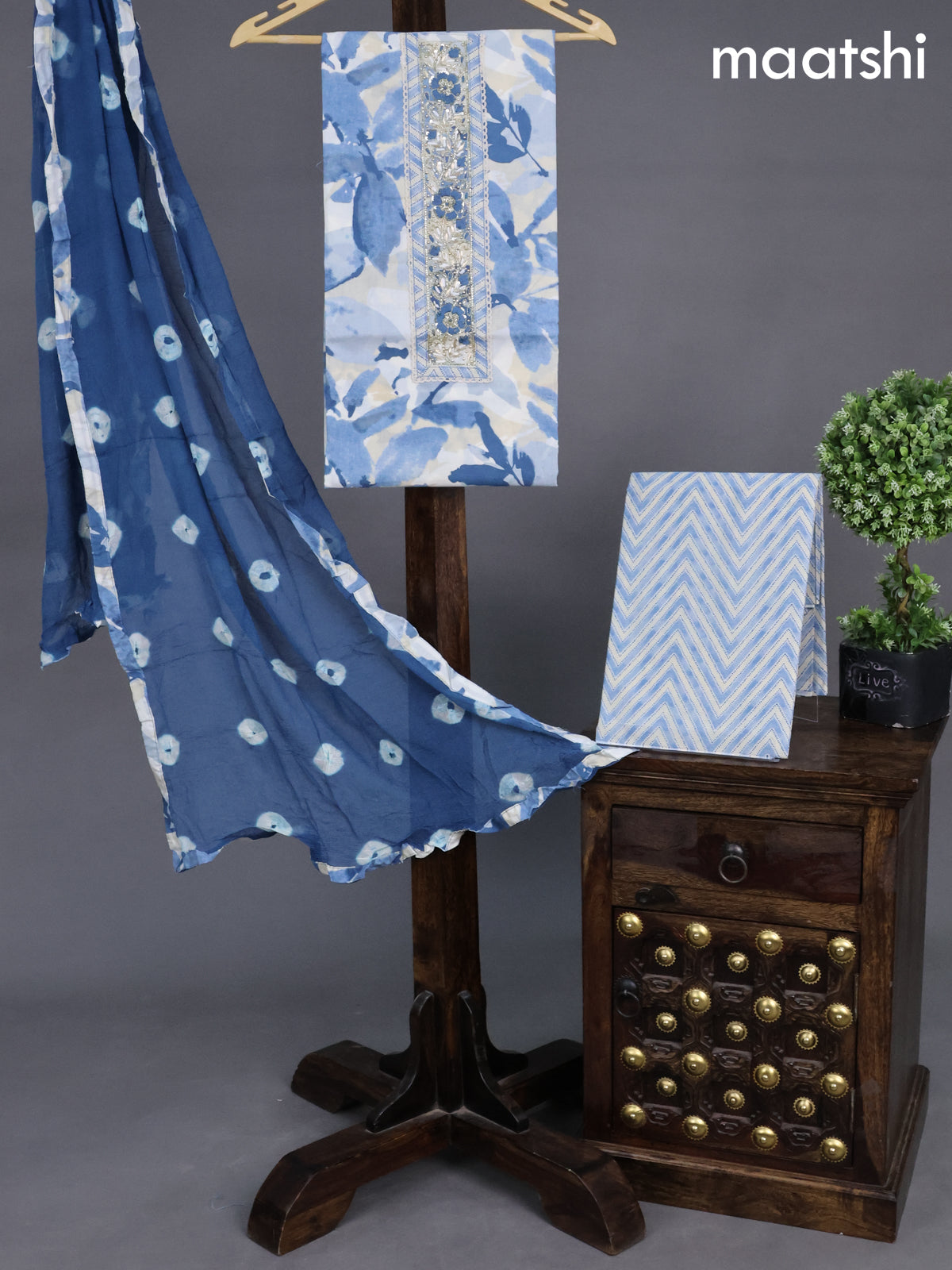 Cotton dress material cream and blue with allover prints & embroidery zardosi work neck pattern and bottom & chiffon dupatta