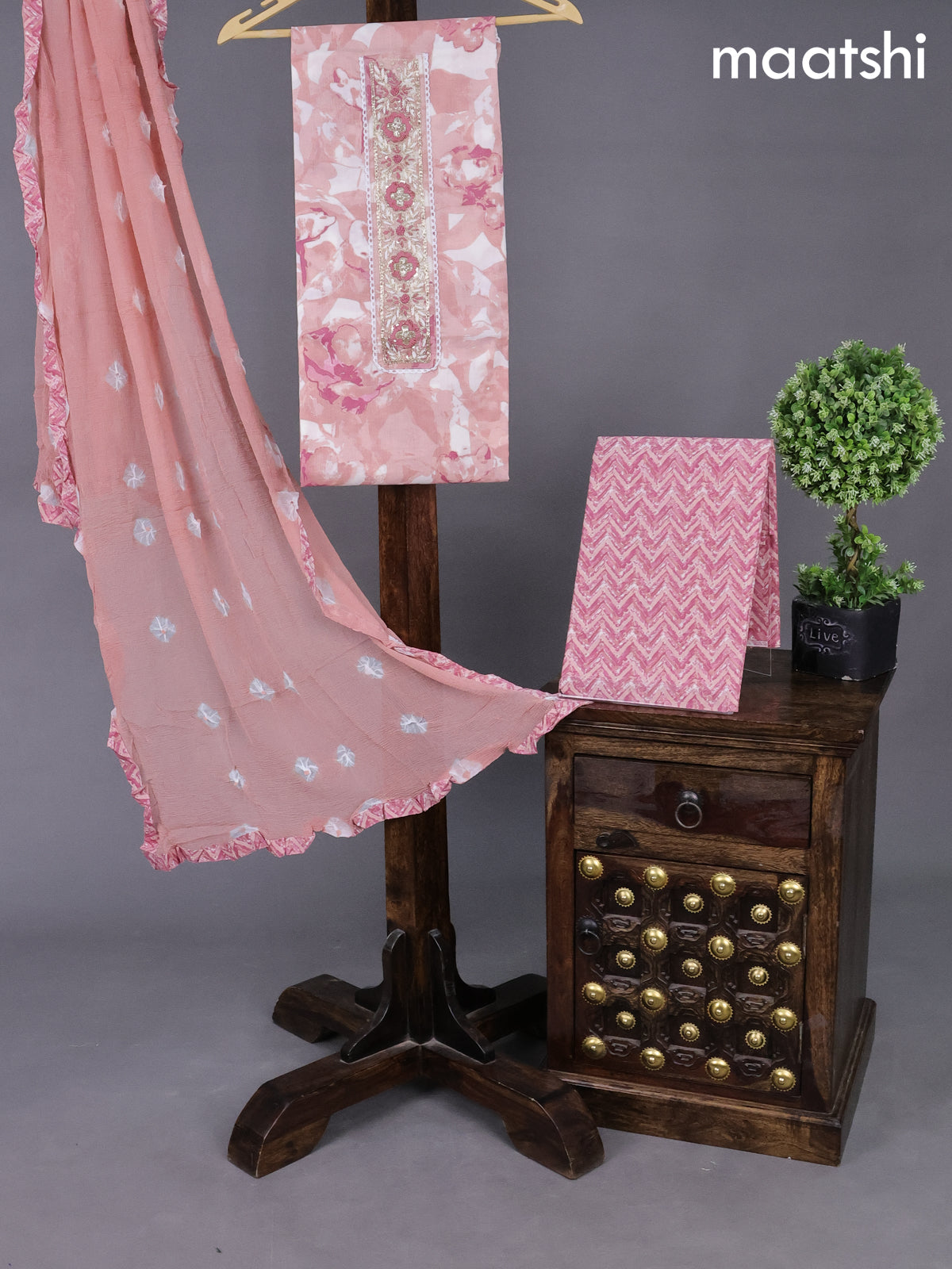 Cotton dress material peach shade and pastel pink with allover prints & embroidery zardosi work neck pattern and bottom & chiffon dupatta
