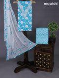 Cotton dress material teal blue and off white with allover floral prints & lace work neck pattern and bottom & chiffon dupatta