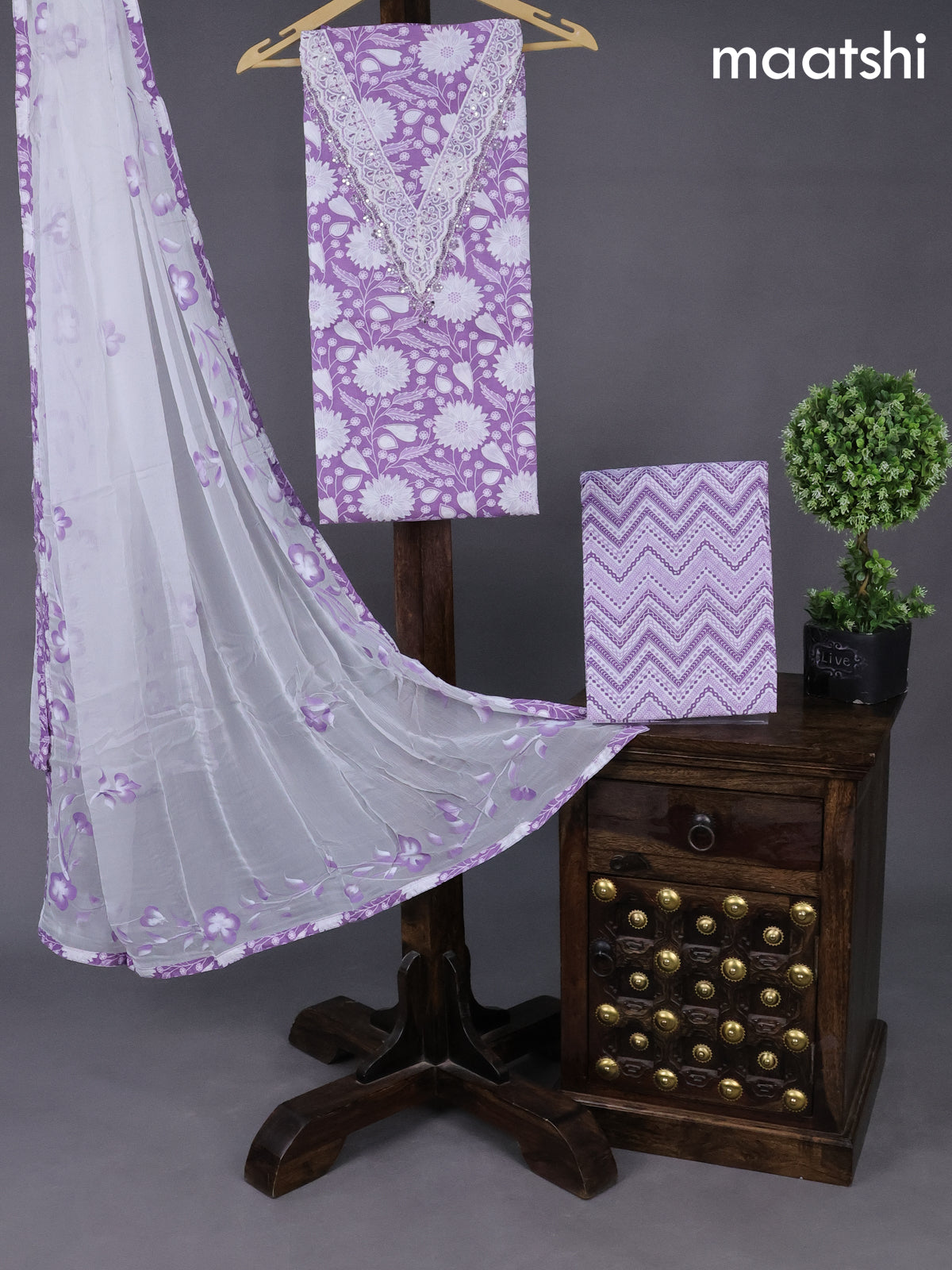 Cotton dress material lavender shade and off white with allover floral prints & lace work neck pattern and bottom & chiffon dupatta