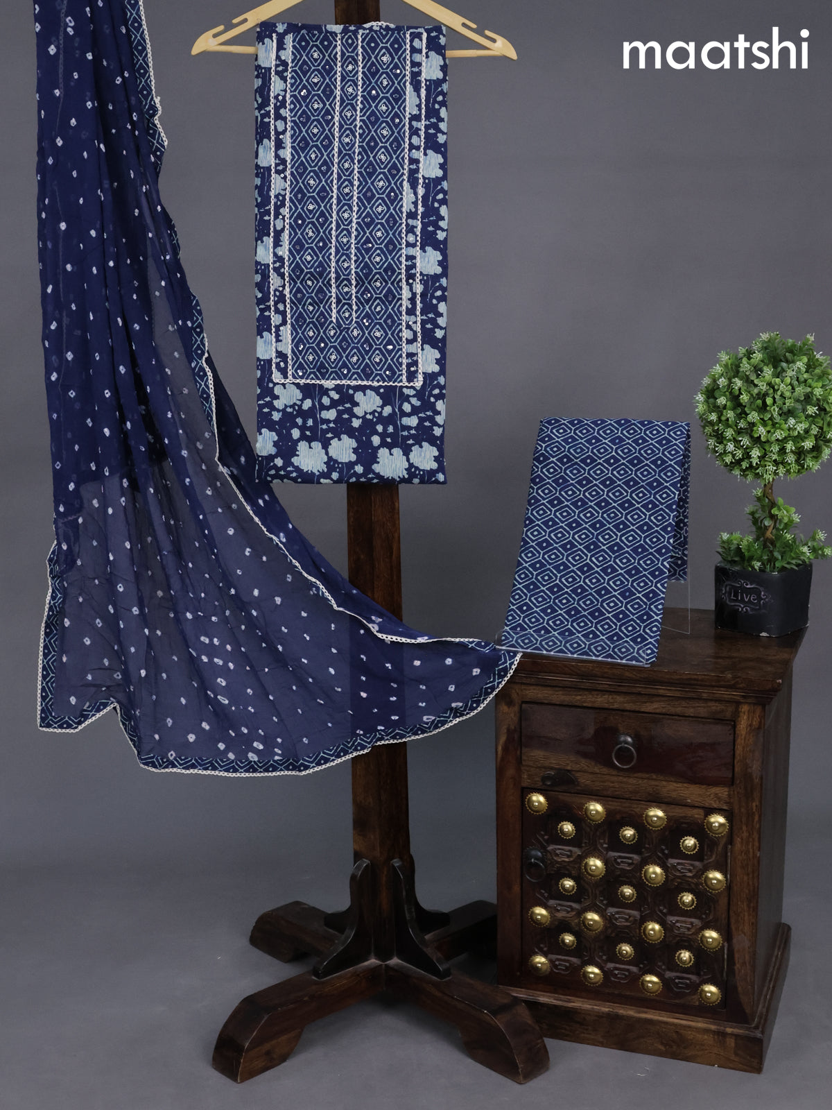 Cotton dress material navy blue and grey shade with allover prints & sequin lace work neck pattern and bottom & chiffon dupatta
