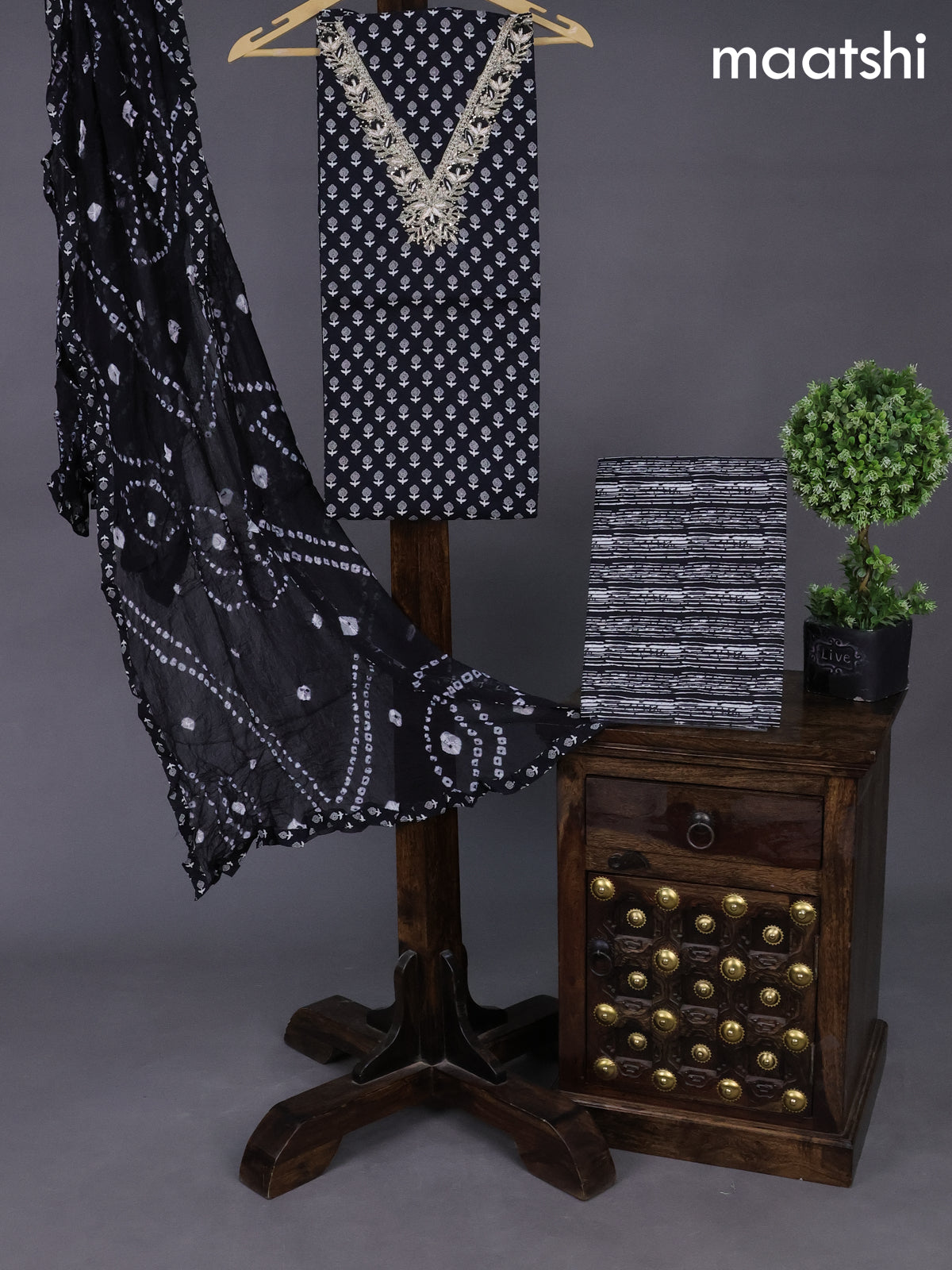 Cotton dress material black with allover butta prints & embroidery zardosi work neck pattern and bottom & chiffon dupatta