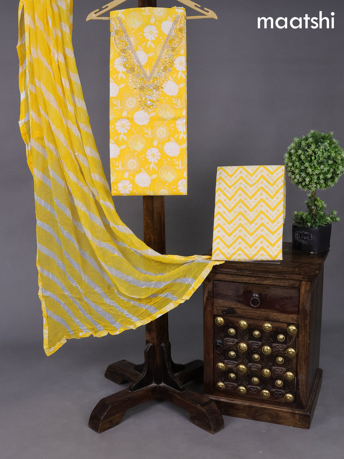 Cotton dress material yellow and off white with allover floral prints & embroidery zardosi work neck pattern and bottom & chiffon dupatta
