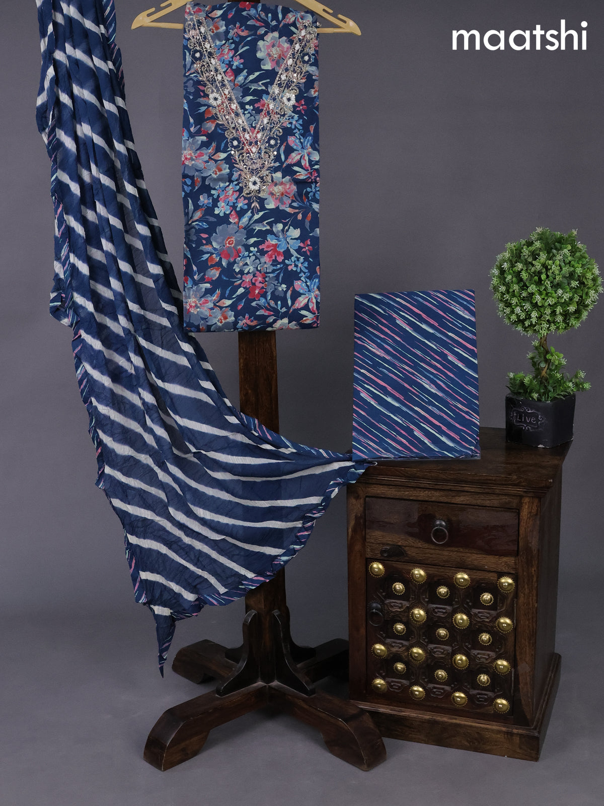 Cotton dress material dark peacock blue with allover floral prints & embroidery zardosi work neck pattern and bottom & chiffon dupatta