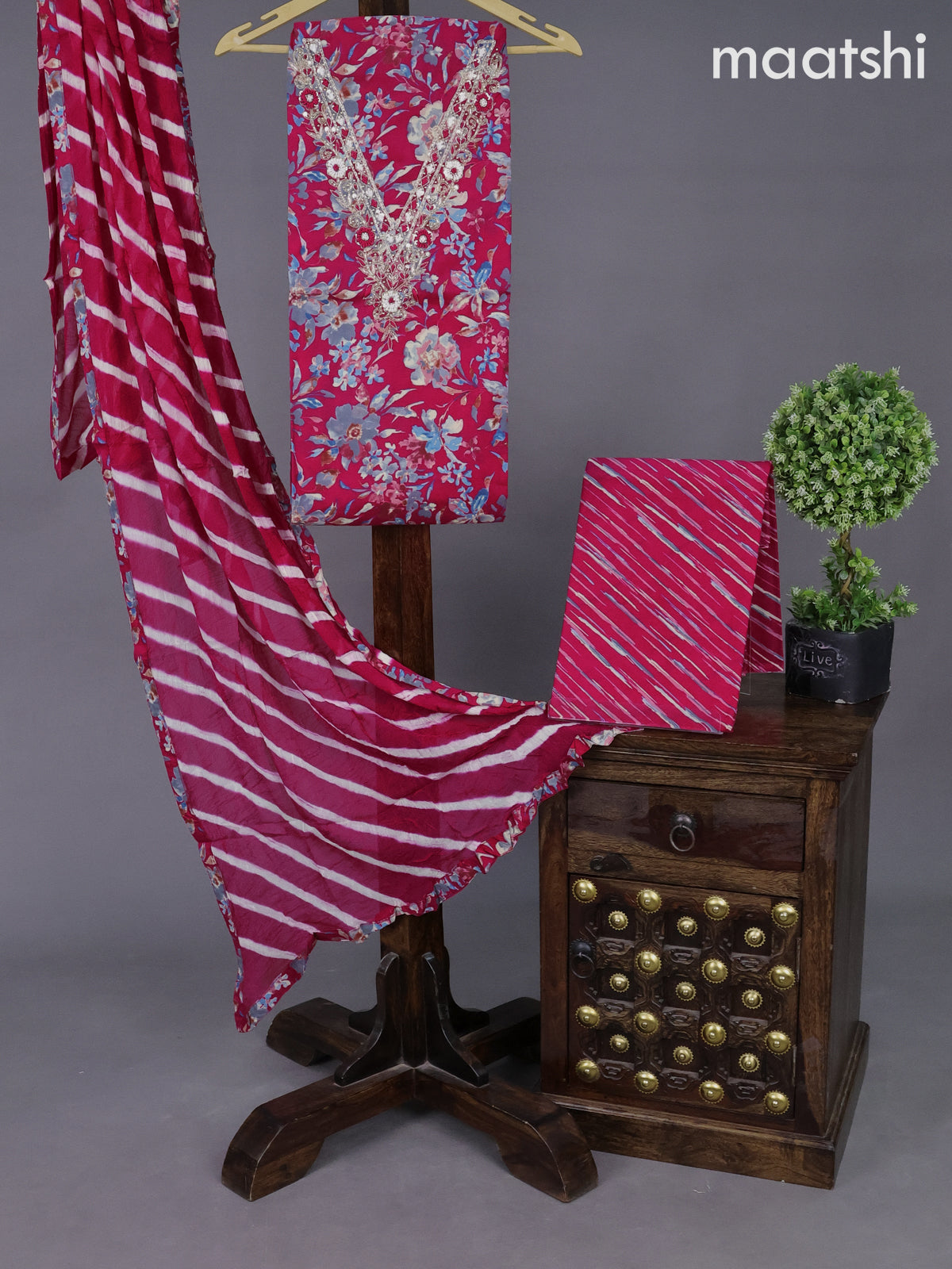 Cotton dress material pink with allover floral prints & embroidery zardosi work neck pattern and bottom & chiffon dupatta