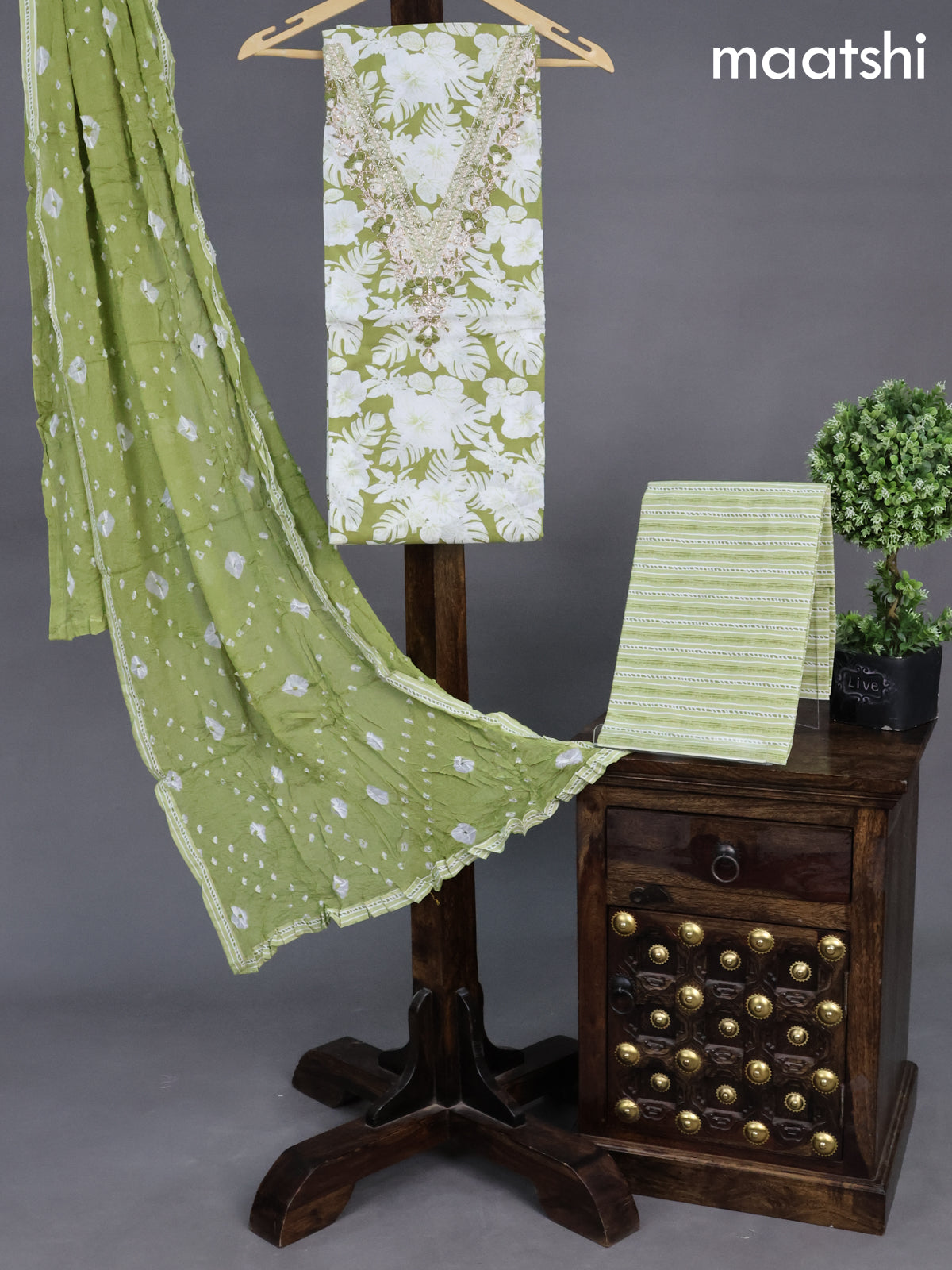 Cotton dress material pastel green and off white with allover floral prints & embroidery zardosi work neck pattern and bottom & chiffon dupatta