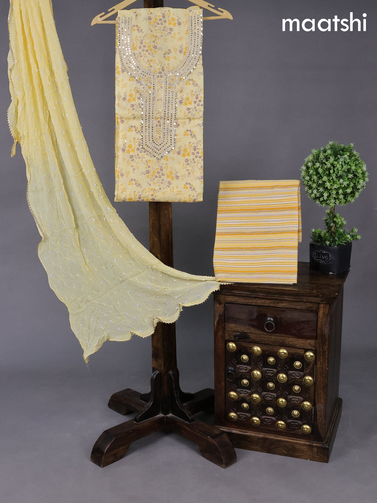 Cotton dress material pale yellow with allover floral prints & embroidery mirror work neck pattern and bottom & chiffon dupatta