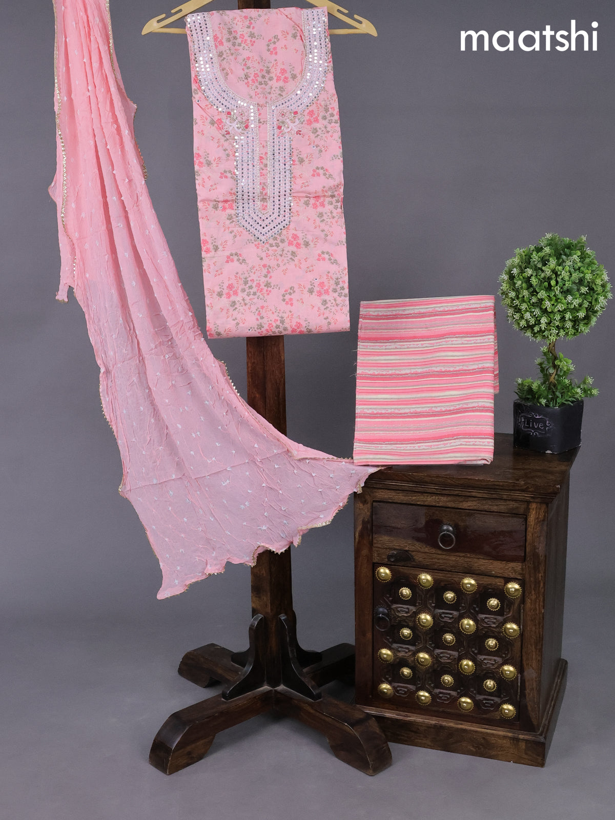 Cotton dress material peach shade with allover floral prints & embroidery mirror work neck pattern and bottom & chiffon dupatta
