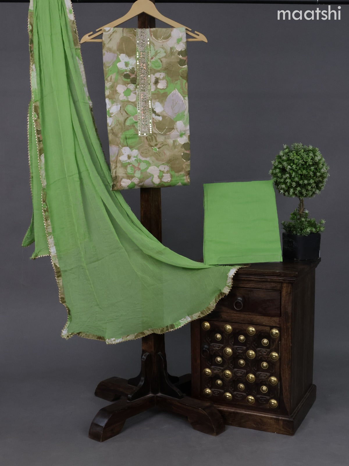 Cotton dress material mehendi green shade and light green with allover prints & embroidery zardosi work neck pattern and bottom & chiffon dupatta