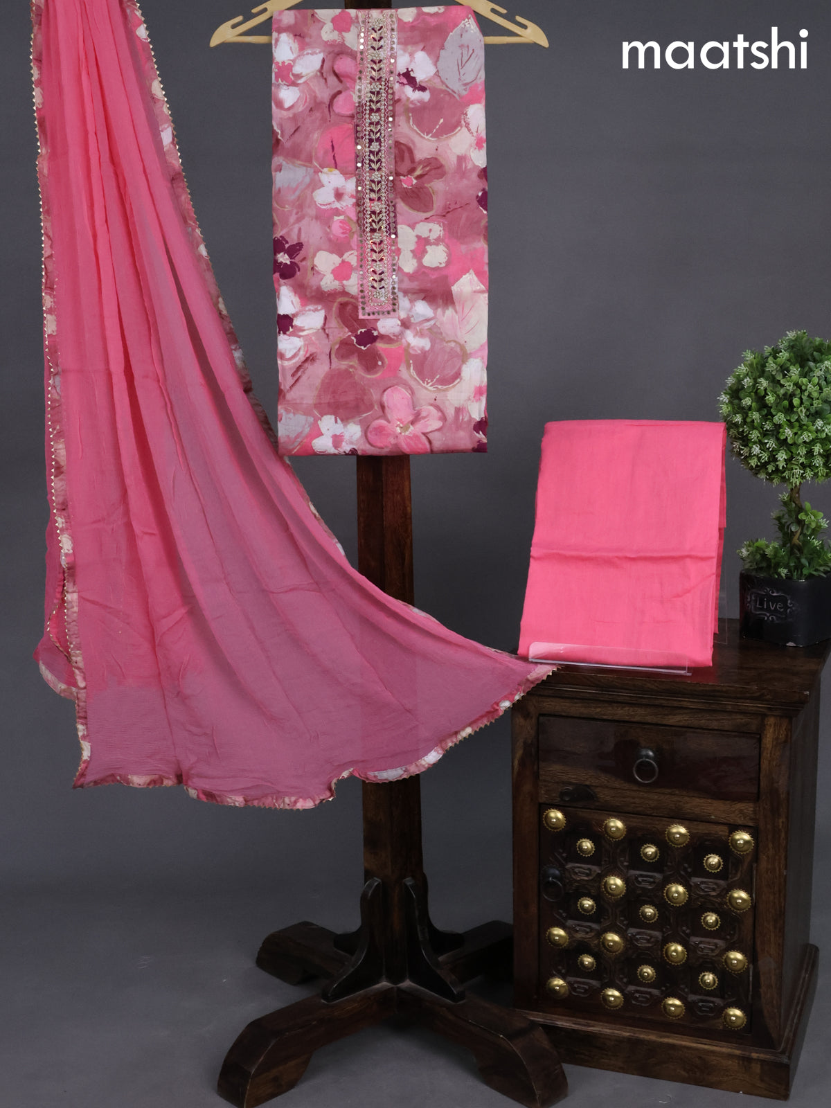 Cotton dress material peach pink and pastel pink with allover prints & embroidery zardosi work neck pattern and bottom & chiffon dupatta